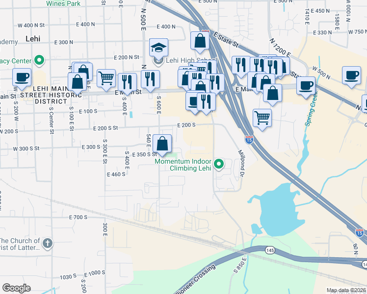 map of restaurants, bars, coffee shops, grocery stores, and more near 329 South 730 East Street in Lehi