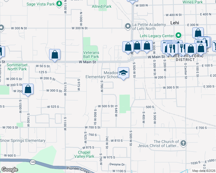 map of restaurants, bars, coffee shops, grocery stores, and more near 762 West 300 South in Lehi