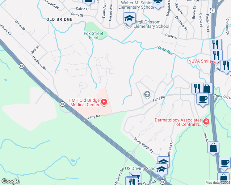 map of restaurants, bars, coffee shops, grocery stores, and more near 99 Hospital Plaza in Old Bridge Township
