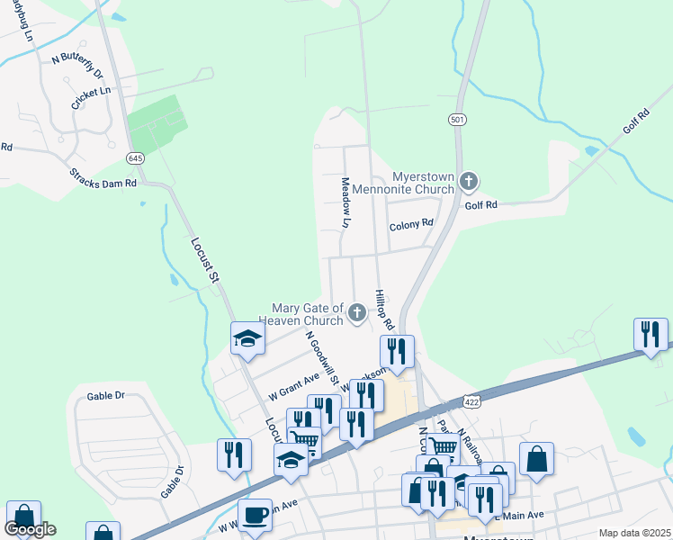 map of restaurants, bars, coffee shops, grocery stores, and more near 18 Fernwood Drive in Myerstown