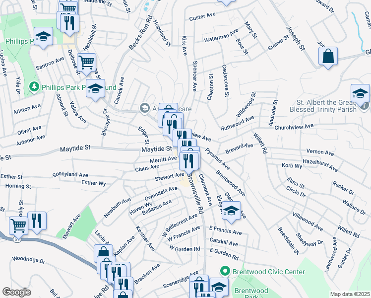 map of restaurants, bars, coffee shops, grocery stores, and more near in Pittsburgh