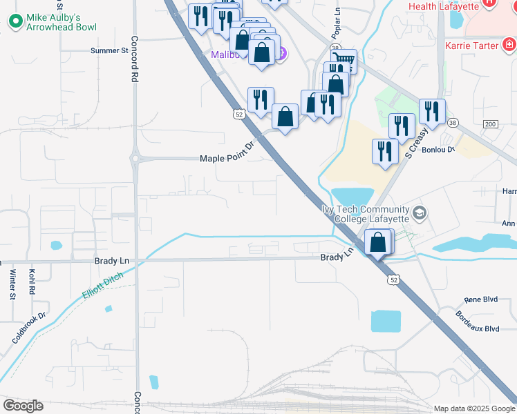 map of restaurants, bars, coffee shops, grocery stores, and more near 3150 Sagamore Parkway South in Lafayette