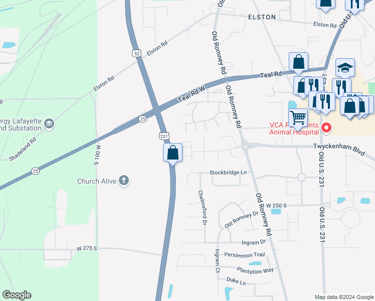 map of restaurants, bars, coffee shops, grocery stores, and more near 412 Brunswick Drive in Lafayette