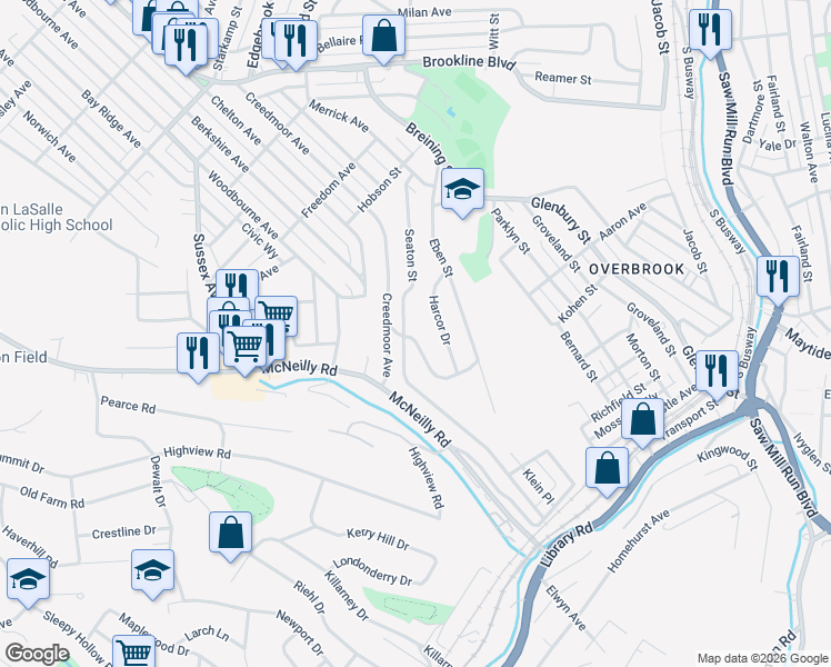 map of restaurants, bars, coffee shops, grocery stores, and more near 1909 Creedmoor Place in Pittsburgh