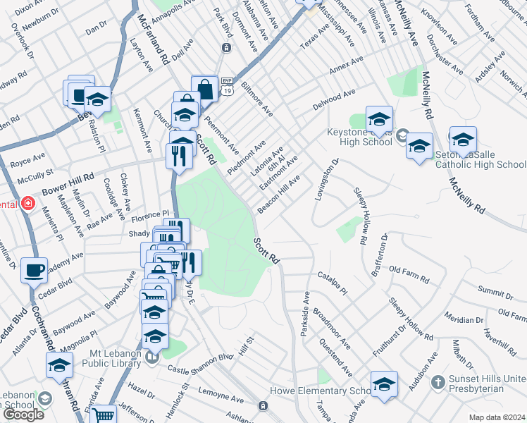 map of restaurants, bars, coffee shops, grocery stores, and more near 3331 Beacon Hill Avenue in Pittsburgh