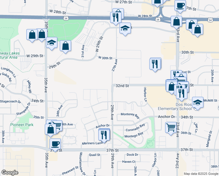 map of restaurants, bars, coffee shops, grocery stores, and more near 3230 Sheltered Harbor Drive in Evans
