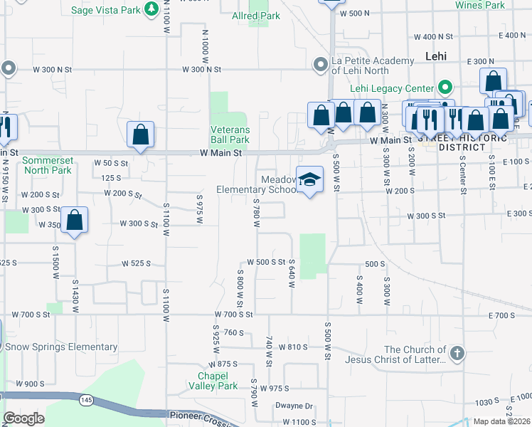 map of restaurants, bars, coffee shops, grocery stores, and more near 762 W 300 S in Lehi