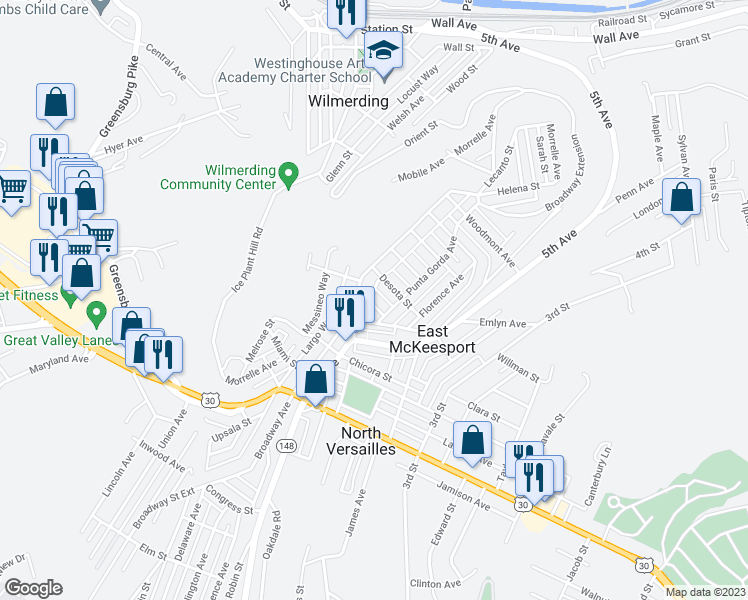 map of restaurants, bars, coffee shops, grocery stores, and more near 431 Short Street in East McKeesport