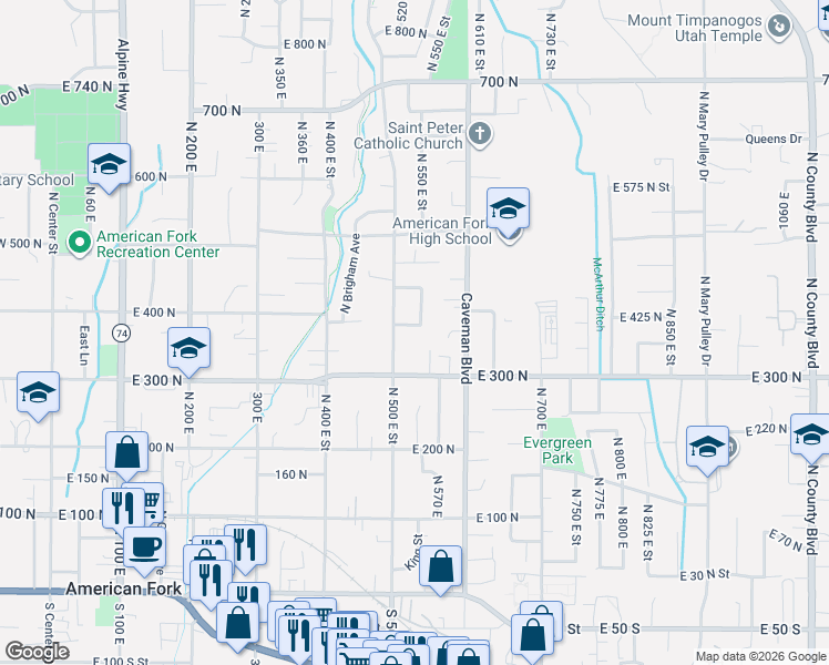 map of restaurants, bars, coffee shops, grocery stores, and more near 524 East 380 North in American Fork