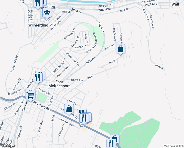 map of restaurants, bars, coffee shops, grocery stores, and more near 627 3rd Street in North Versailles