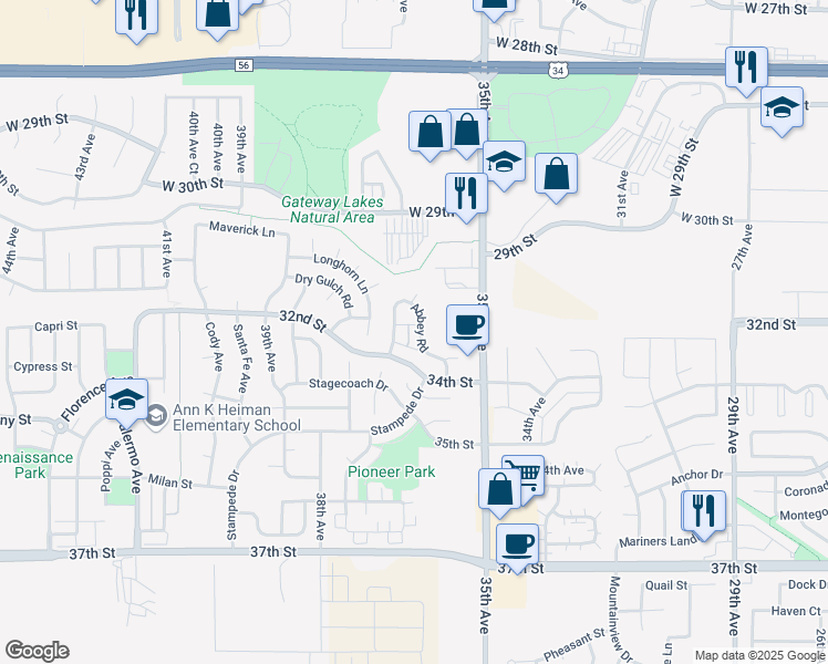map of restaurants, bars, coffee shops, grocery stores, and more near 3201 Abbey Road in Evans