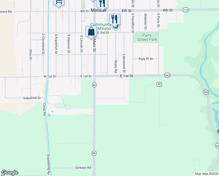 map of restaurants, bars, coffee shops, grocery stores, and more near 216 Southgate Drive in Minster