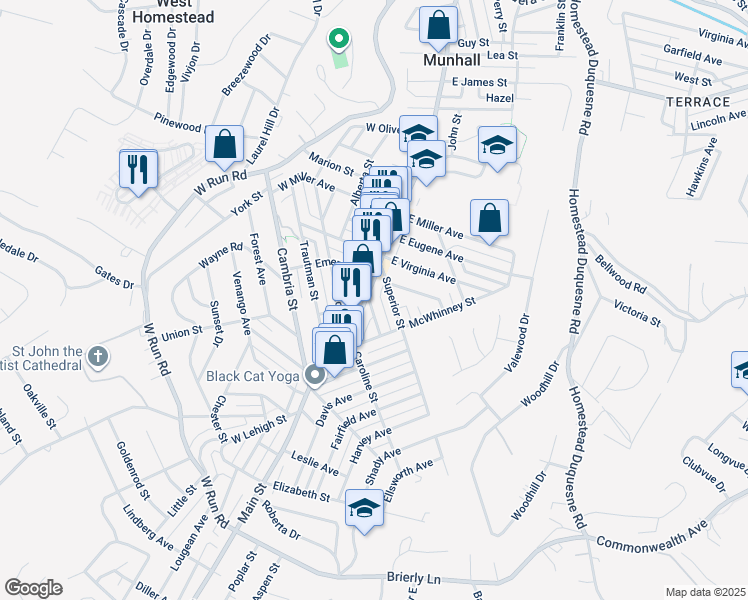 map of restaurants, bars, coffee shops, grocery stores, and more near 3705 Botsford Street in Munhall