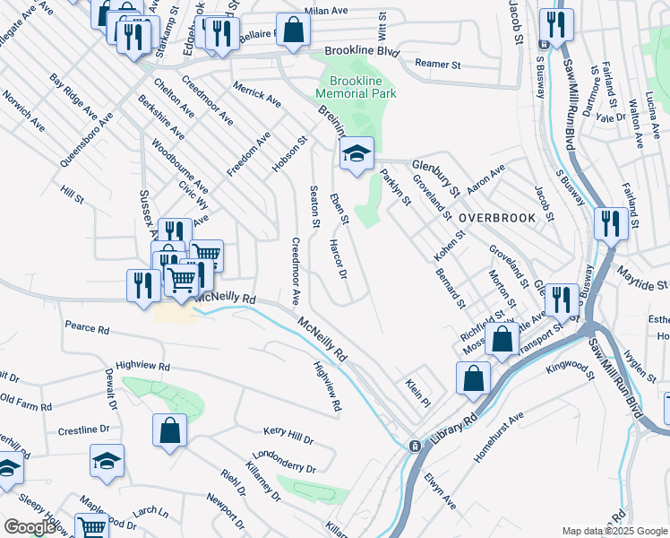 map of restaurants, bars, coffee shops, grocery stores, and more near 1752 Harcor Drive in Pittsburgh