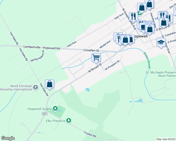 map of restaurants, bars, coffee shops, grocery stores, and more near 134 West Broad Street in Hopewell