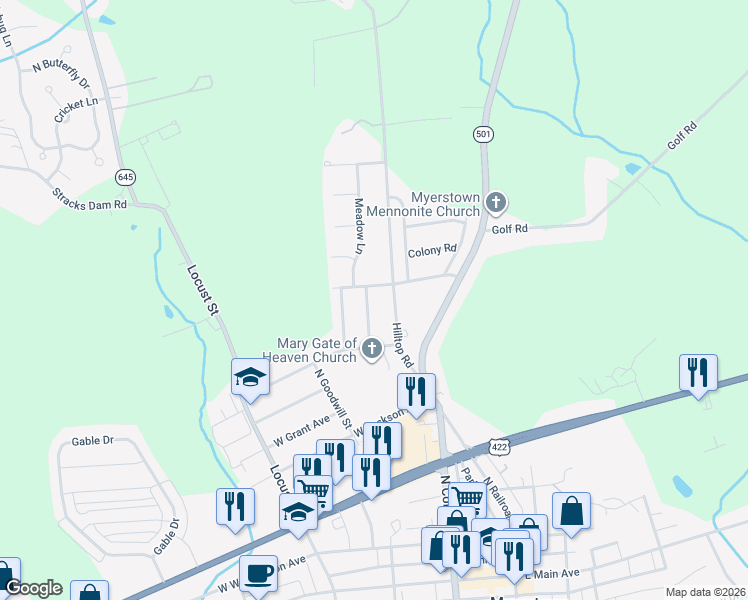 map of restaurants, bars, coffee shops, grocery stores, and more near 18 Glenwood Drive in Myerstown