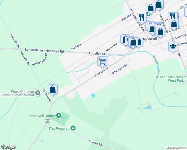 map of restaurants, bars, coffee shops, grocery stores, and more near 134 West Broad Street in Hopewell