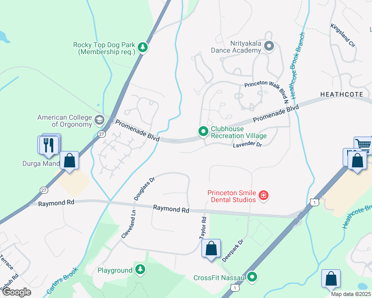 map of restaurants, bars, coffee shops, grocery stores, and more near 12 Angelica Court in Princeton