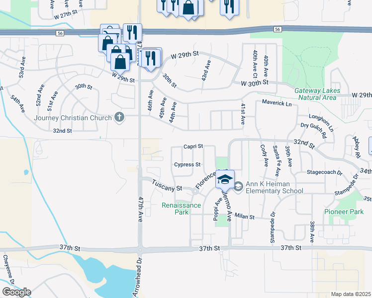 map of restaurants, bars, coffee shops, grocery stores, and more near 3206 San Marino Avenue in Evans