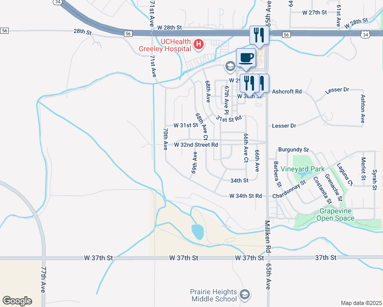 map of restaurants, bars, coffee shops, grocery stores, and more near 3204 69th Avenue Place in Greeley