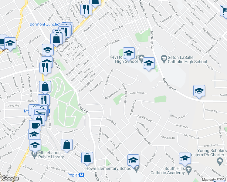 map of restaurants, bars, coffee shops, grocery stores, and more near 912 Bridgewater Dr in Pittsburgh