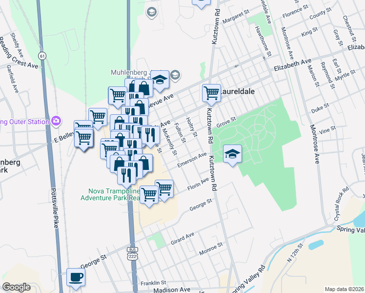 map of restaurants, bars, coffee shops, grocery stores, and more near 3226 Fulton Street in Laureldale