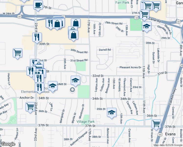 map of restaurants, bars, coffee shops, grocery stores, and more near 1633 32nd Street in Evans