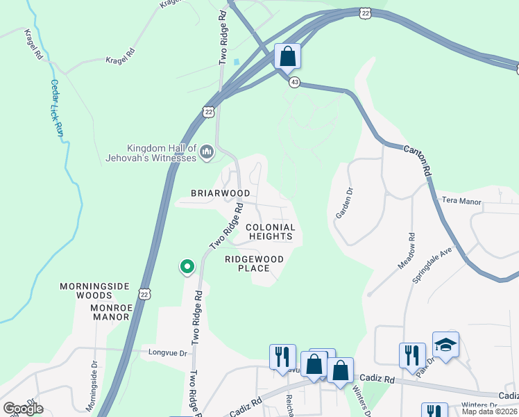 map of restaurants, bars, coffee shops, grocery stores, and more near 92 South Byron Drive in Wintersville