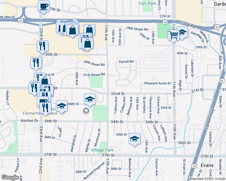 map of restaurants, bars, coffee shops, grocery stores, and more near 1633 32nd Street in Evans