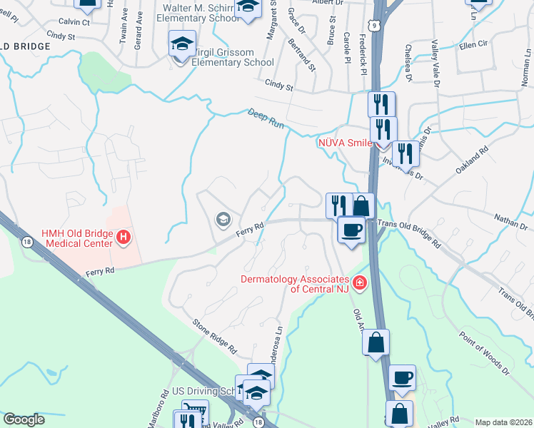 map of restaurants, bars, coffee shops, grocery stores, and more near 4 Victorian Drive in Old Bridge