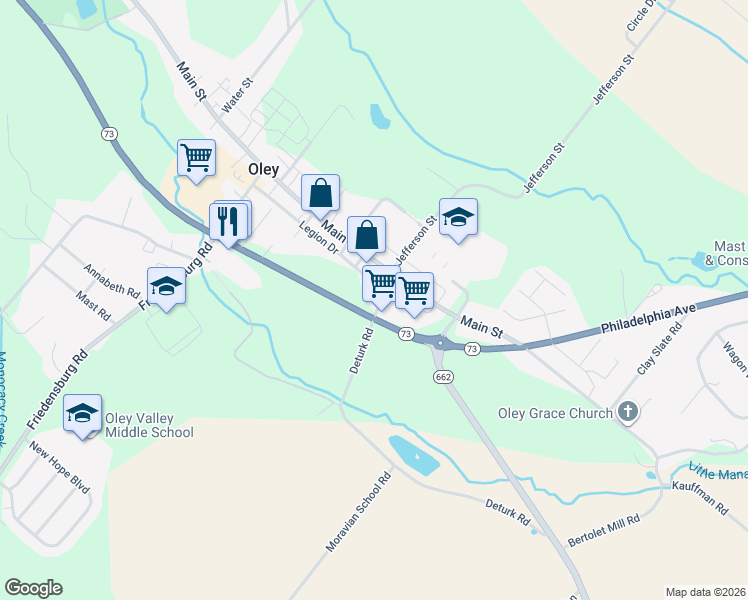 map of restaurants, bars, coffee shops, grocery stores, and more near 51 Legion Drive in Oley