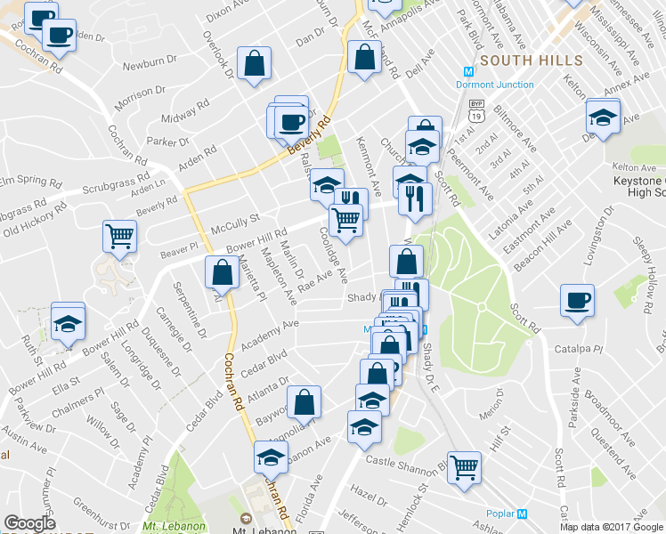 map of restaurants, bars, coffee shops, grocery stores, and more near 450 Coolidge Ave in Pittsburgh