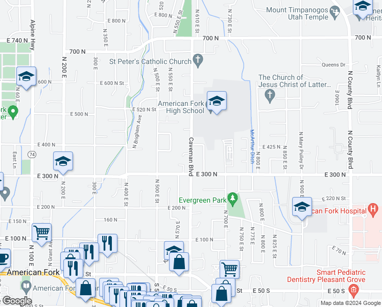 map of restaurants, bars, coffee shops, grocery stores, and more near 598 East 380 North Street in American Fork