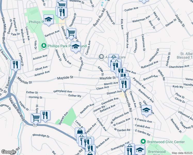 map of restaurants, bars, coffee shops, grocery stores, and more near 120 Maytide Street in Pittsburgh