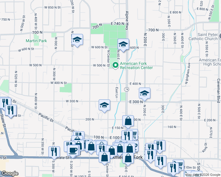 map of restaurants, bars, coffee shops, grocery stores, and more near 368 North Center Street in American Fork