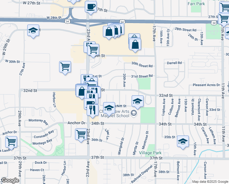 map of restaurants, bars, coffee shops, grocery stores, and more near 3200 Birney Court in Evans