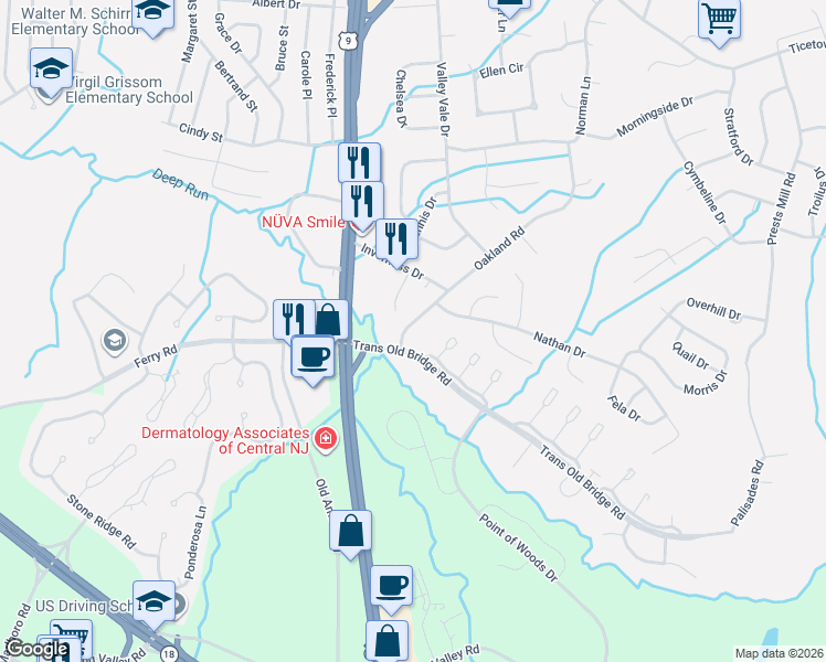 map of restaurants, bars, coffee shops, grocery stores, and more near 56 Oakland Road in Old Bridge