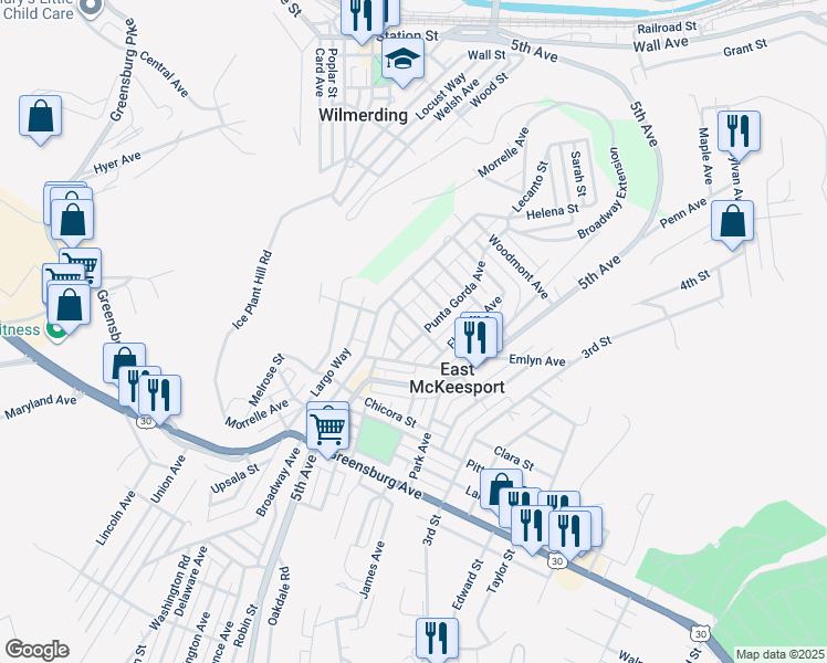 map of restaurants, bars, coffee shops, grocery stores, and more near 836 Punta Gorda Avenue in East McKeesport