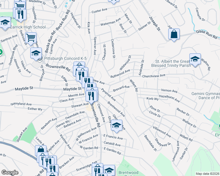 map of restaurants, bars, coffee shops, grocery stores, and more near 2900 Churchview Avenue in Pittsburgh