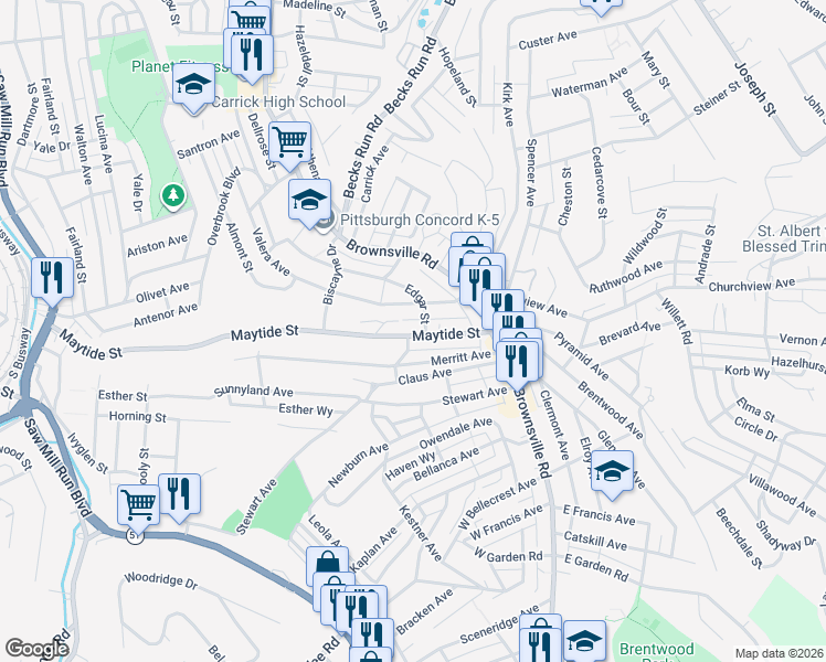 map of restaurants, bars, coffee shops, grocery stores, and more near 120 Maytide Street in Pittsburgh