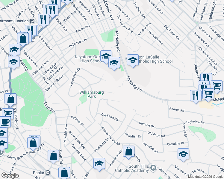 map of restaurants, bars, coffee shops, grocery stores, and more near 237 Valley Park Drive in Pittsburgh
