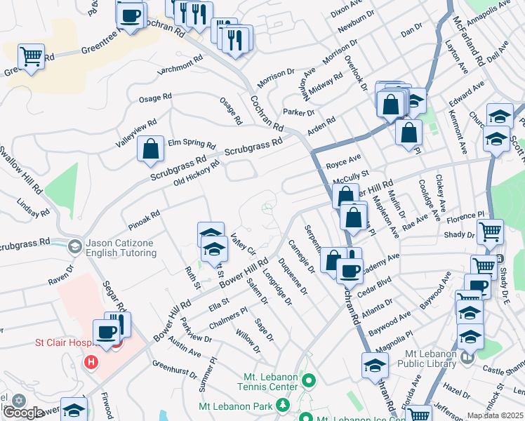 map of restaurants, bars, coffee shops, grocery stores, and more near 700 Bower Hill Road in Pittsburgh