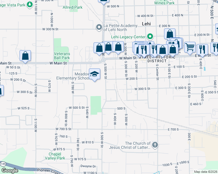 map of restaurants, bars, coffee shops, grocery stores, and more near 285 South 500 West in Lehi