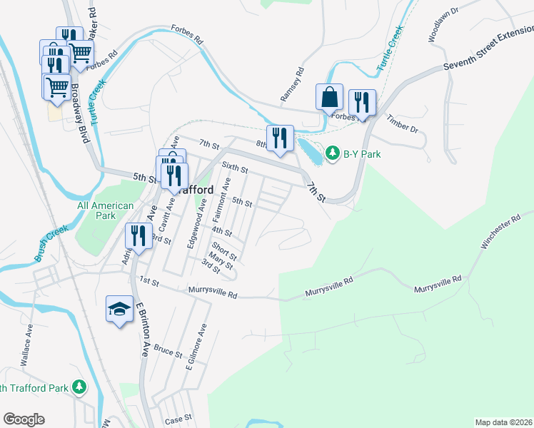 map of restaurants, bars, coffee shops, grocery stores, and more near 811 5th Street in Trafford