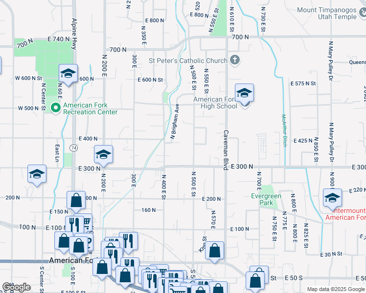 map of restaurants, bars, coffee shops, grocery stores, and more near 456 E 380 N in American Fork