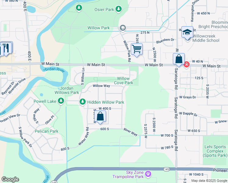 map of restaurants, bars, coffee shops, grocery stores, and more near 2868 West Willow Sprout Road in Lehi