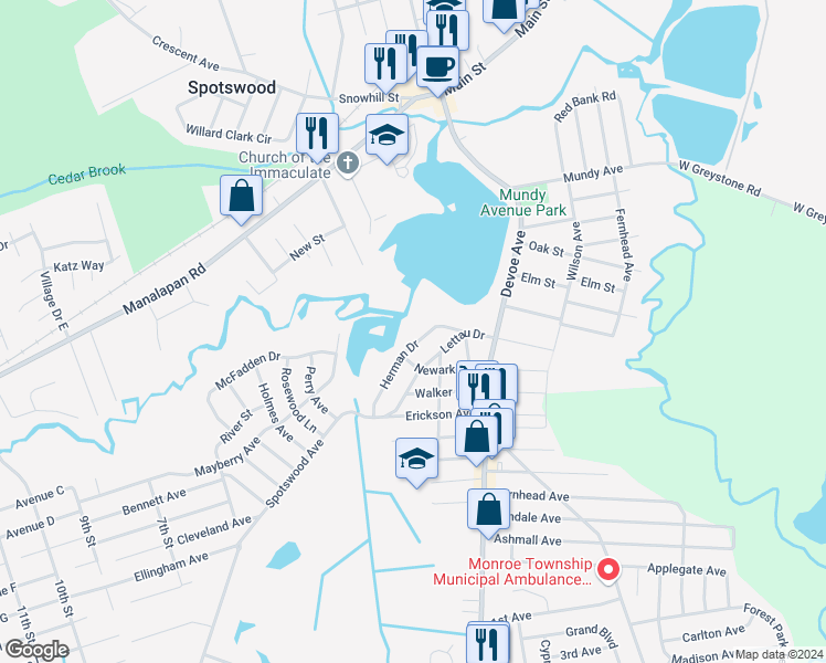 map of restaurants, bars, coffee shops, grocery stores, and more near 20 Herman Drive in Spotswood