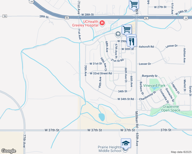 map of restaurants, bars, coffee shops, grocery stores, and more near 3204 69th Avenue Place in Greeley