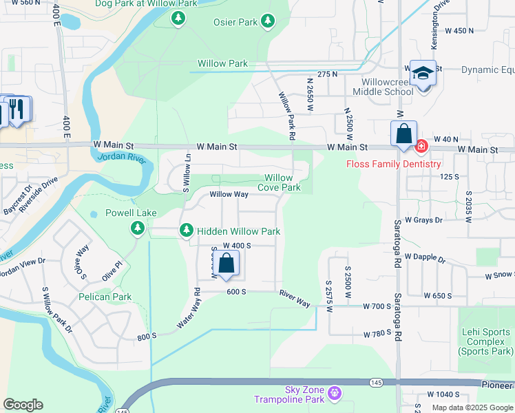 map of restaurants, bars, coffee shops, grocery stores, and more near 2868 West Willow Sprout Road in Lehi