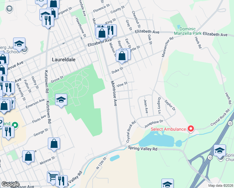 map of restaurants, bars, coffee shops, grocery stores, and more near 1500 Bennett St in Laureldale